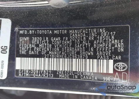 2018 Toyota Corolla L/Le/Se/Xle/Xse из США, поврежденный, VIN 2T1BURHE6JC963879